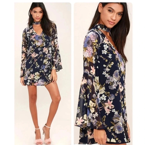 Lulus Feeling Of Love Navy Blue Floral Print Shift Dress Size Small - Picture 1 of 11